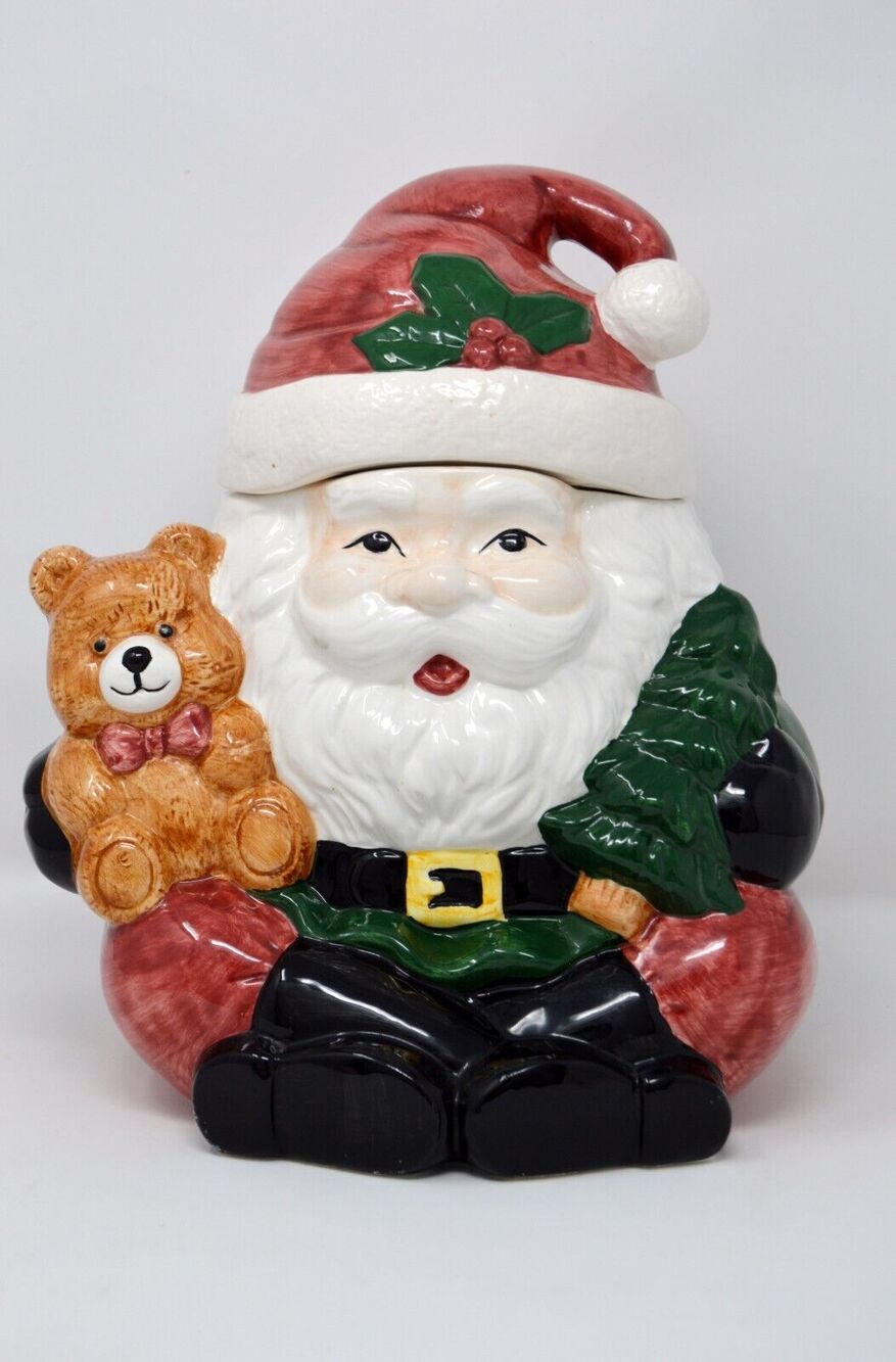 Vintage World Bazaars Santa With Teddy Bear Cookie Jar in Box